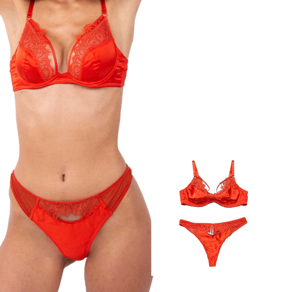HUSTLER Hollywood "Dola" Lace and Stretch Satin Bra and Thong Panty Lingerie Set